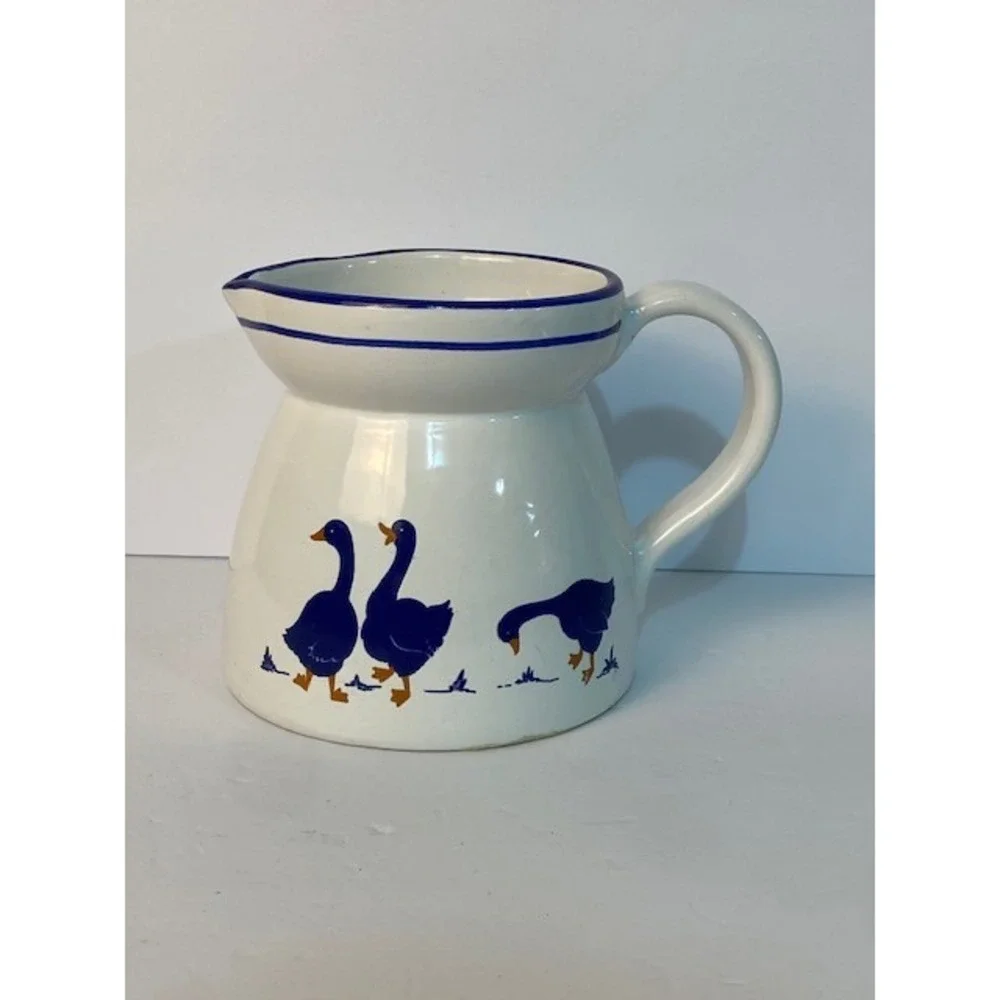 Vintage Blue Goose Ceramic Pitcher White Stoneware Farmhouse Country Creamer